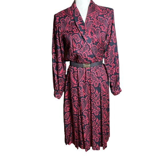 Liz Claiborne Dress Red Black Paisley Vtg 80s Career Midi Leather Belt Womens M - Picture 1 of 12
